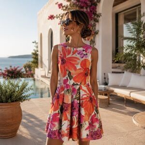 ELIZA J Orange Purple FLORAL FIT & FLARE  Pleated DRESS sz 6 Pockets